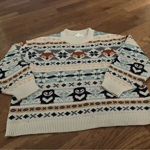 H&M Cream and Blue Animal Fox Penguin Fair Isle Patterned Sweater